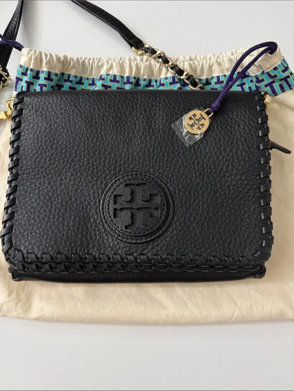 Tory Burch Black Leather Whipstitch Crossbody Bag